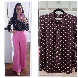 LOFT Black Blouse with Pink Heart Print Tie-Neck